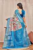 Light Cyan Pure Mysore Crepe Saree With Floral Digital Prints And Long Zari Woven Border
