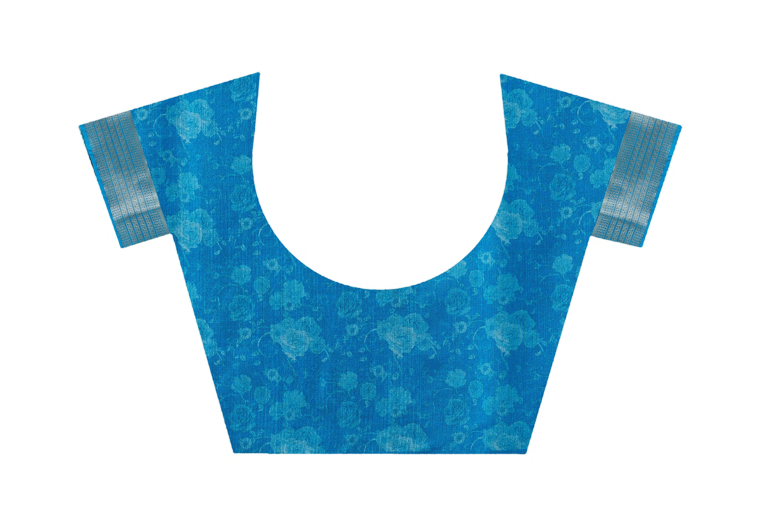 Light Cyan Pure Mysore Crepe Saree With Floral Digital Prints And Long Zari Woven Border