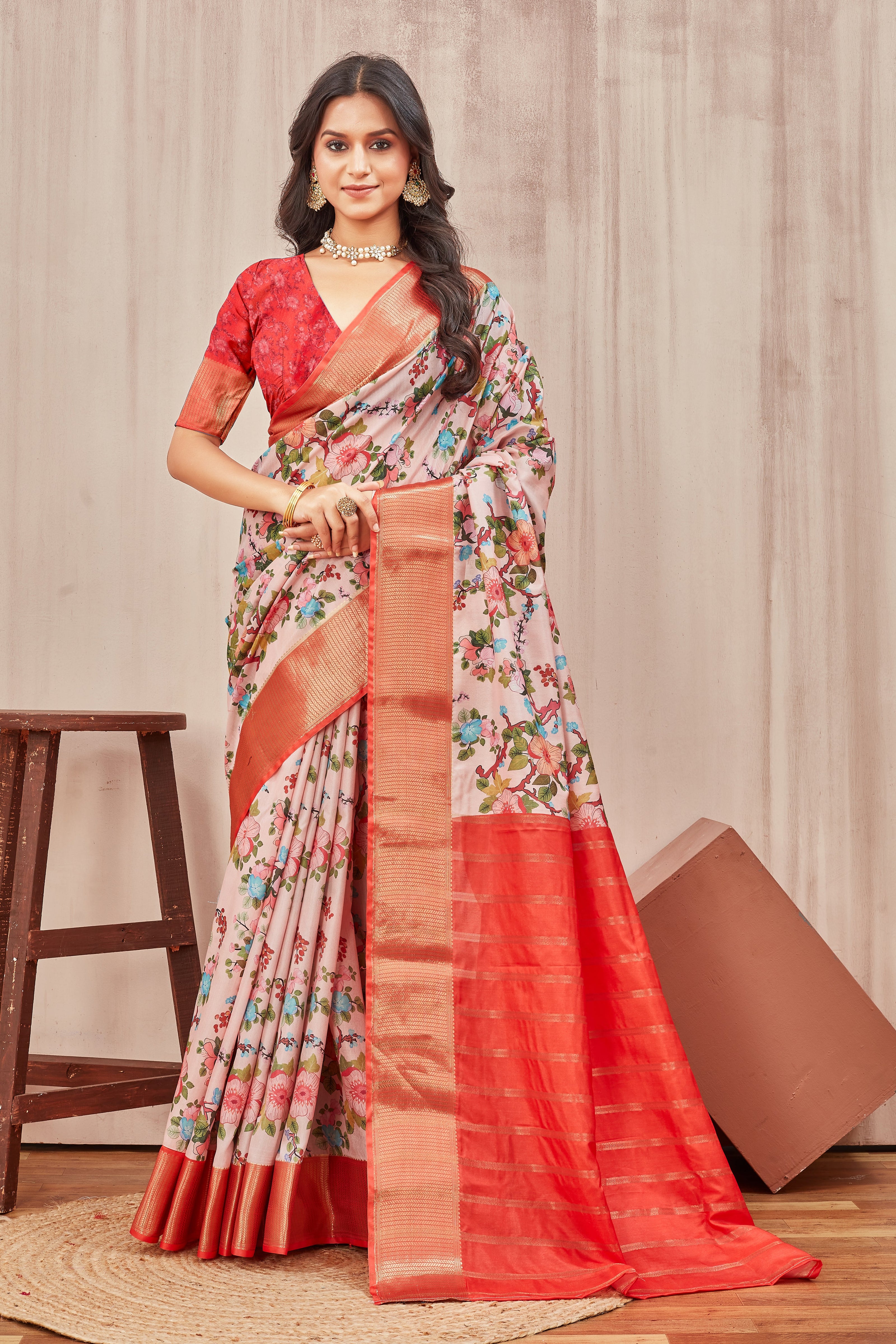 Pink Mysore Crepe Floral Printed Saree