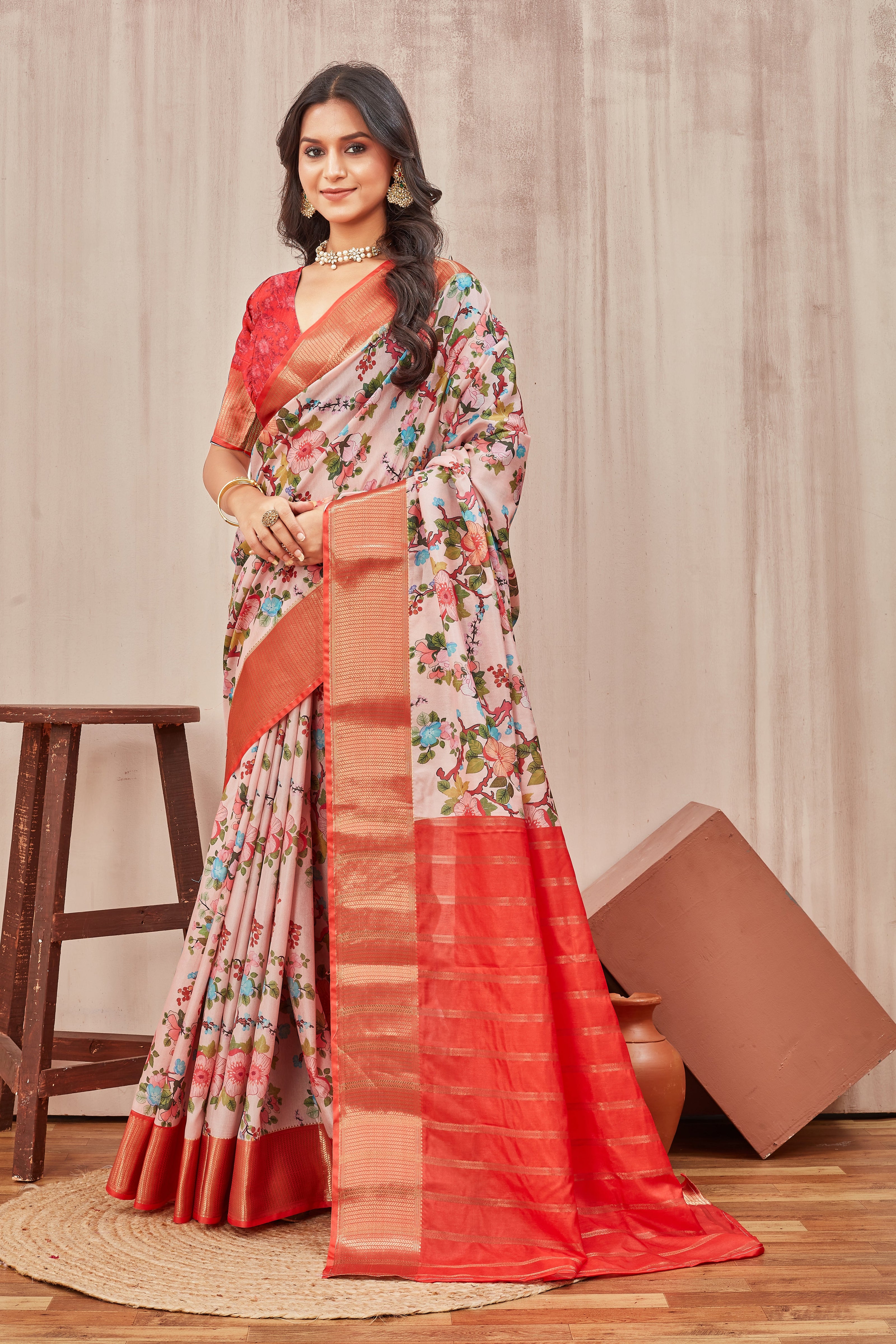 Pink Mysore Crepe Floral Printed Saree
