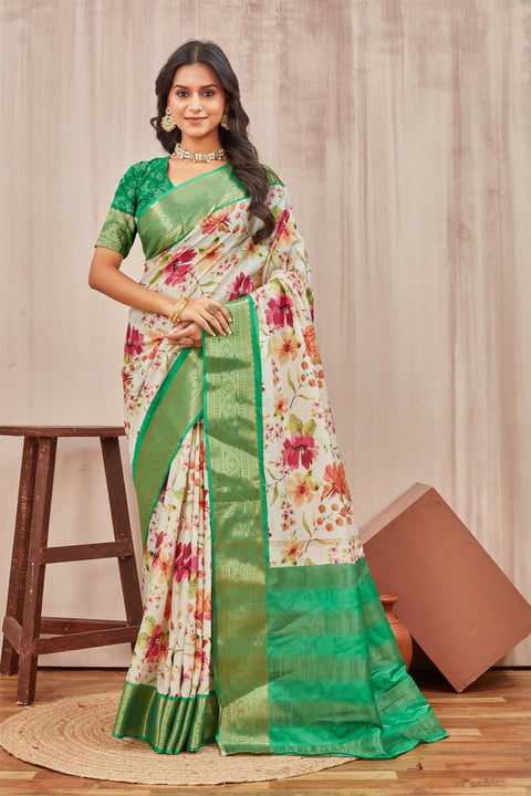 Floral Printed Mysore Crepe Light Beige Saree With Blouse