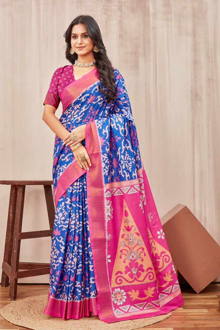 Blue Mysore Crepe Digital Print Saree With Blouse
