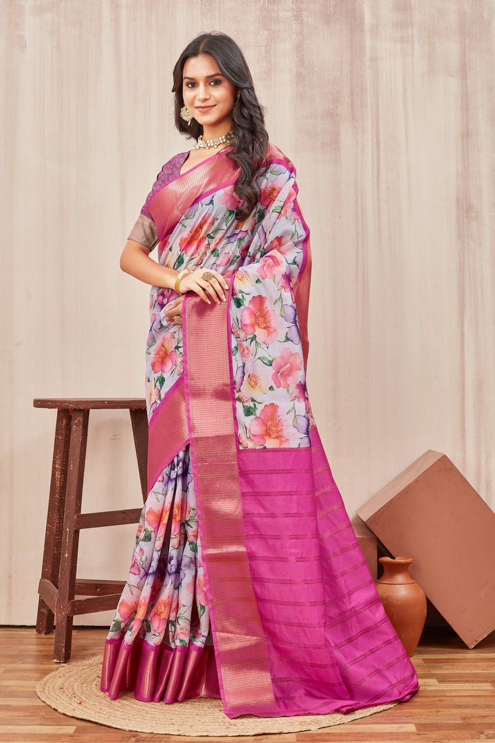 Ethereal Lavender Mysore Crepe Floral Digital Print Saree