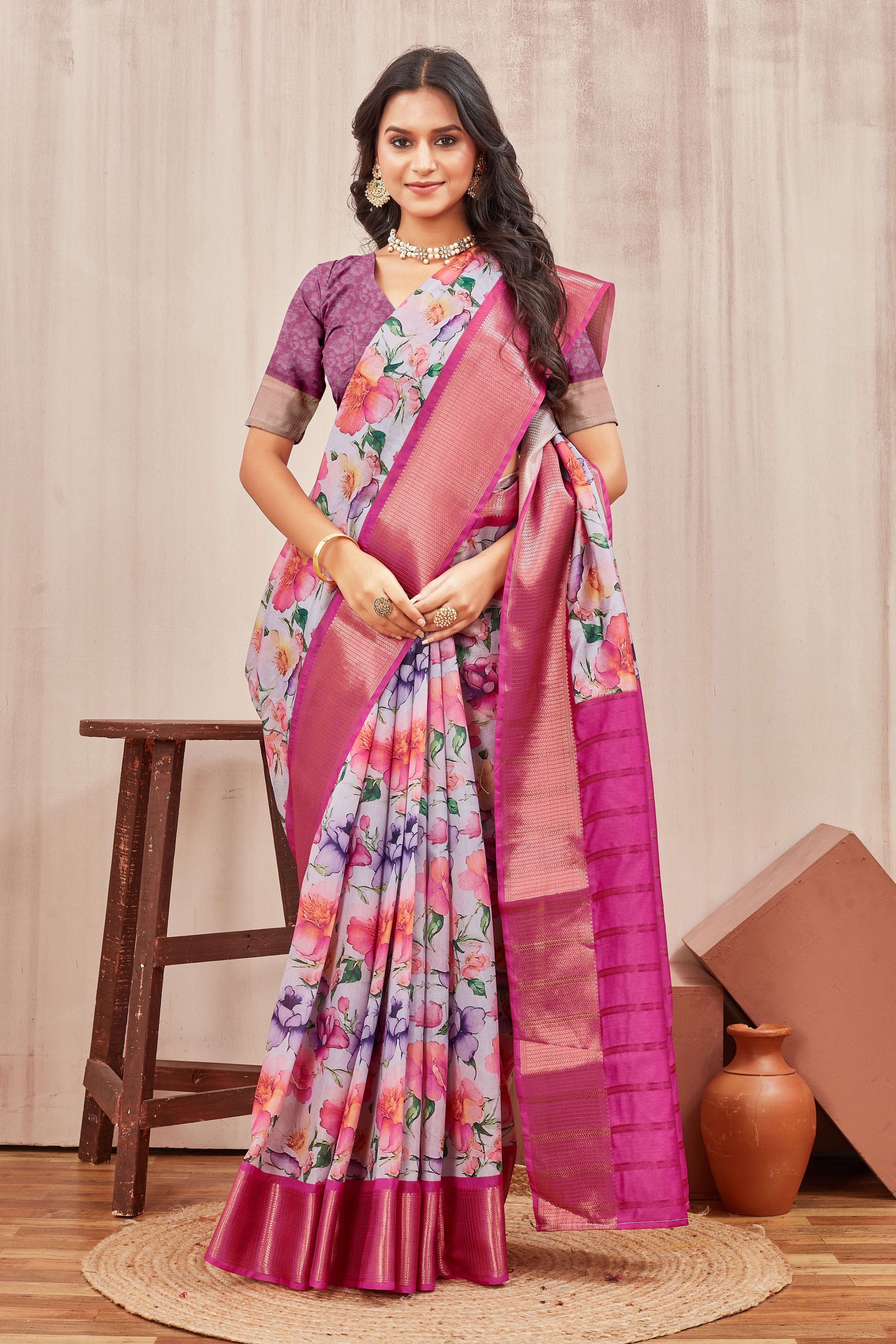Ethereal Lavender Mysore Crepe Floral Digital Print Saree