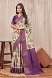 Beige Mysore Crepe Silk Floral Print Saree With Contrast Purple Zari Border