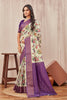 Beige Mysore Crepe Silk Floral Print Saree With Contrast Purple Zari Border
