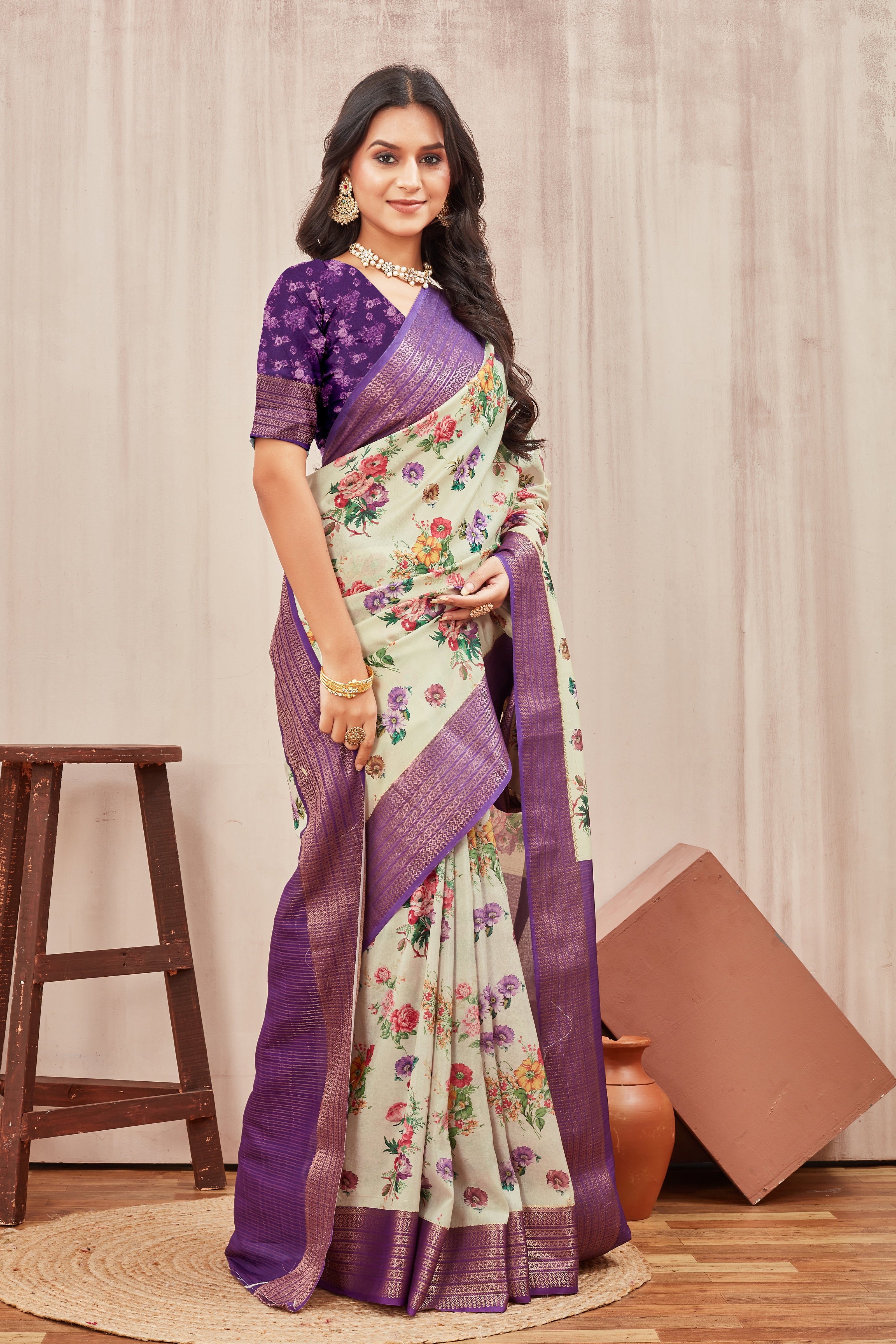 Beige Mysore Crepe Silk Floral Print Saree With Contrast Purple Zari Border