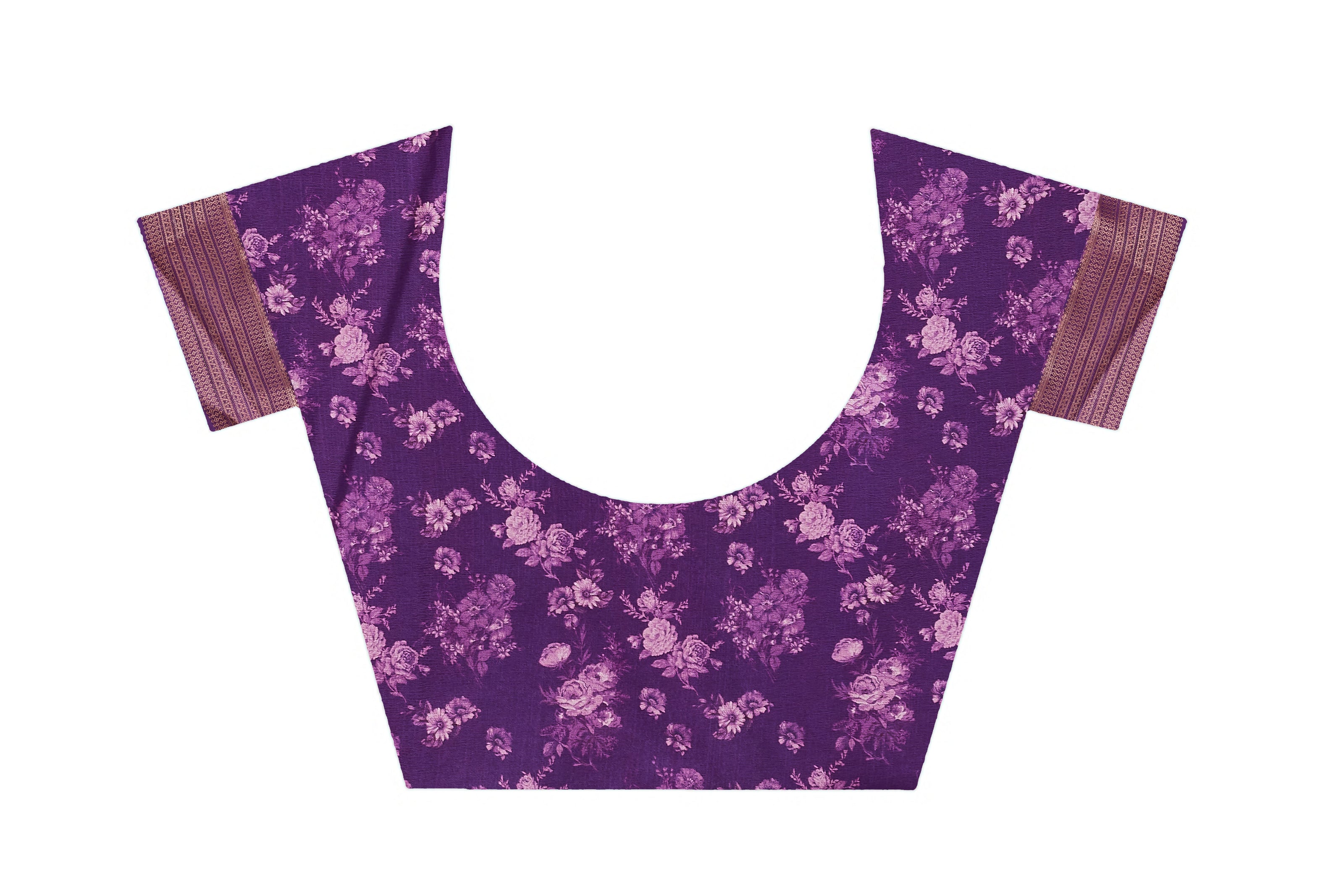 Beige Mysore Crepe Silk Floral Print Saree With Contrast Purple Zari Border