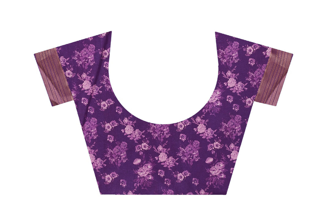 Beige Mysore Crepe Silk Floral Print Saree With Contrast Purple Zari Border