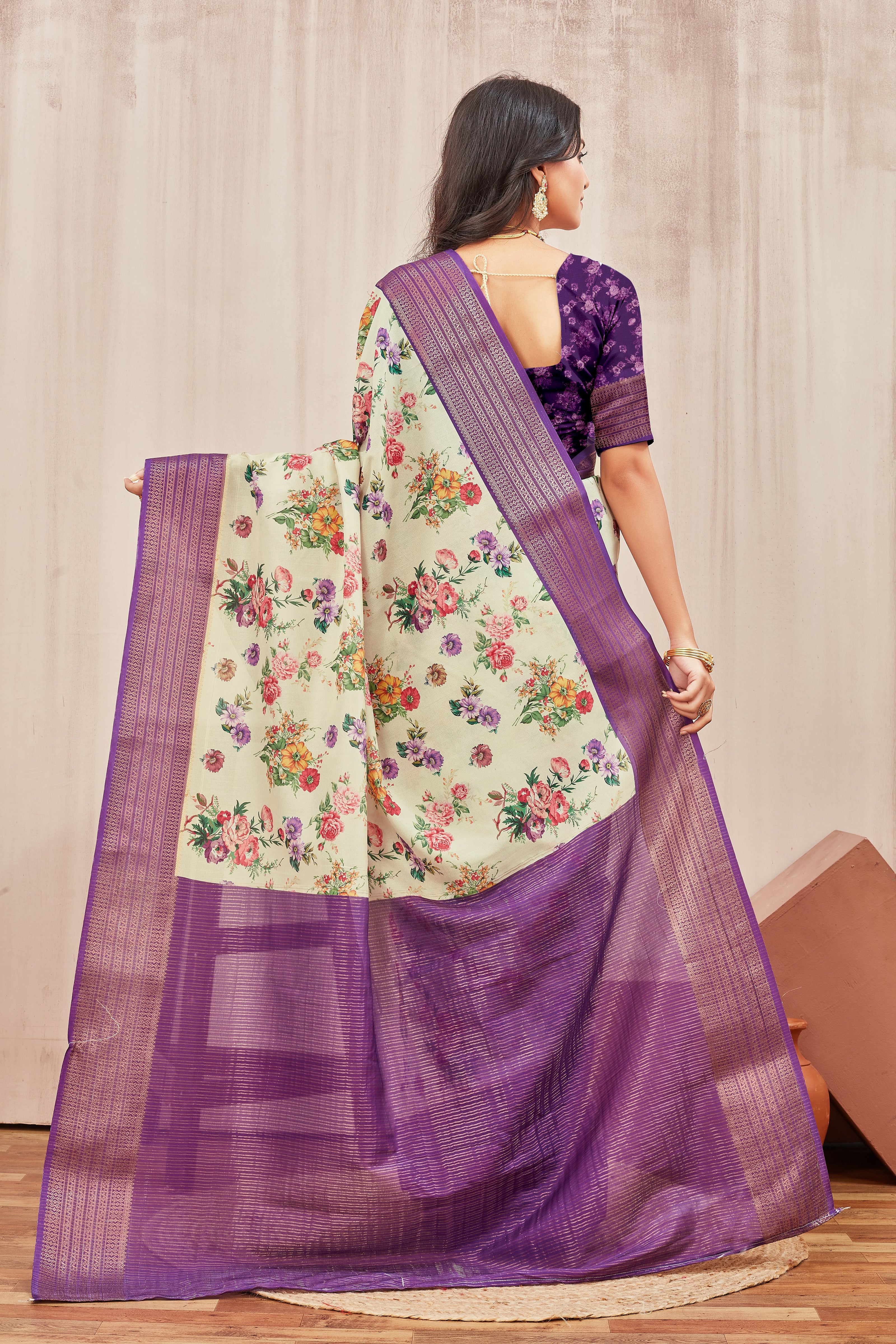 Beige Mysore Crepe Silk Floral Print Saree With Contrast Purple Zari Border