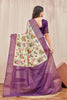 Beige Mysore Crepe Silk Floral Print Saree With Contrast Purple Zari Border