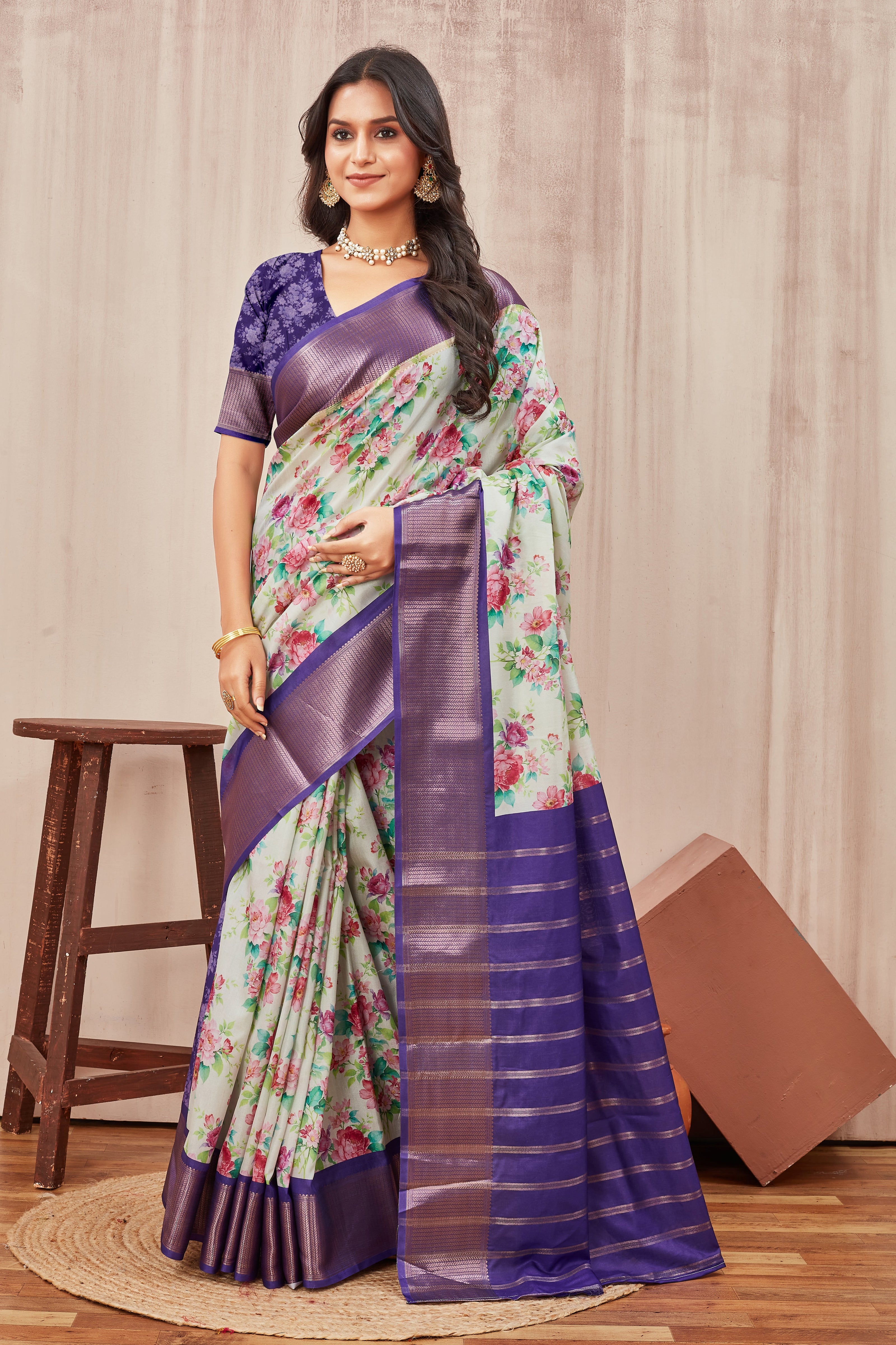 Mysore Crepe Floral Digital Print Off White Saree With Blouse