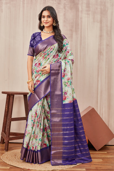 Mysore Crepe Floral Digital Print Off White Saree With Blouse