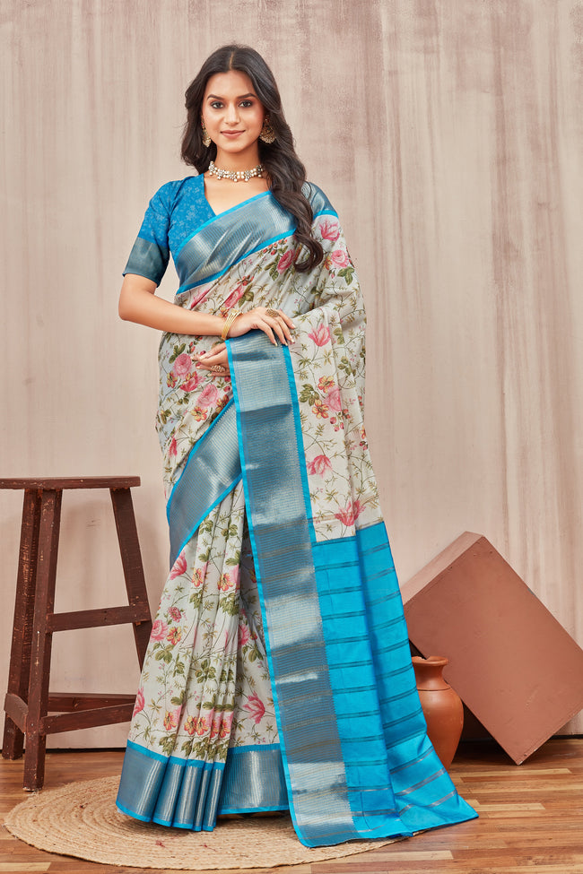 Digital Prints And Long Annam Zari Woven Border Beige Saree