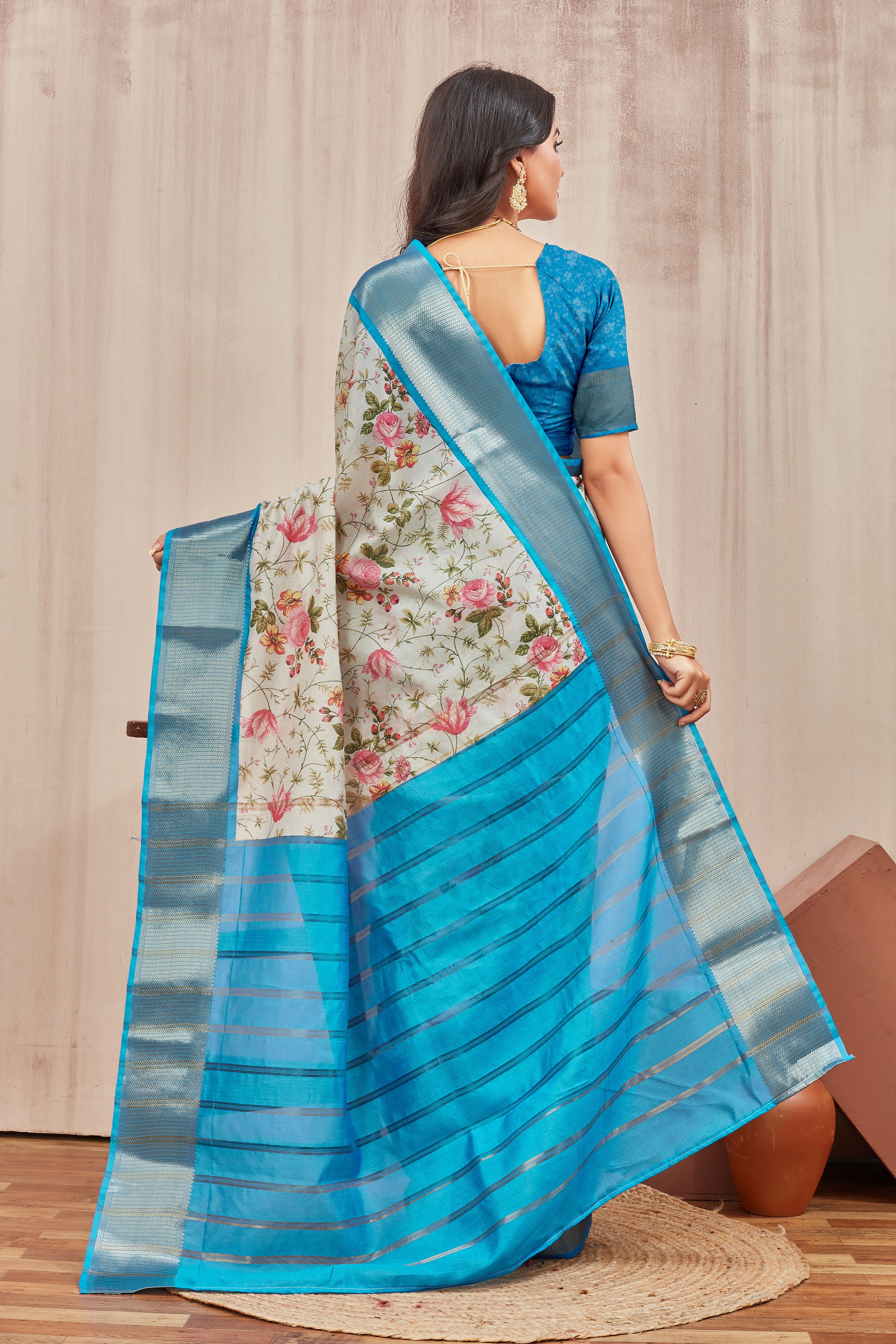 Digital Prints And Long Annam Zari Woven Border Beige Saree