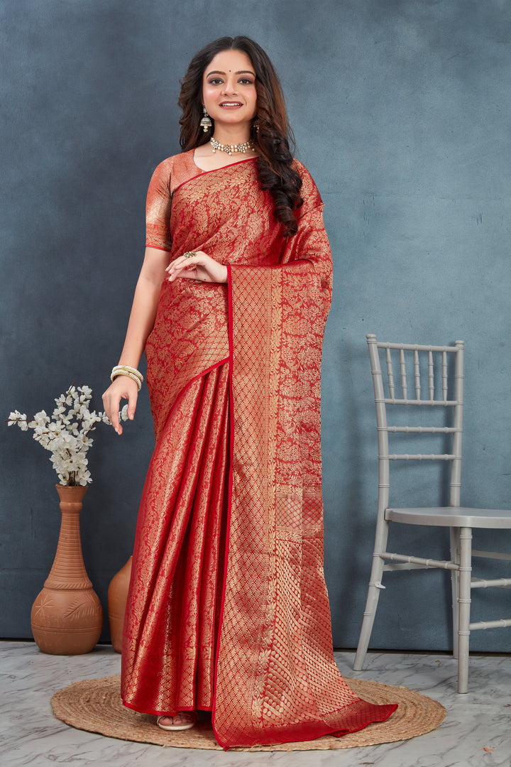 The Royal Charm Red Mysore Brocket Silk Saree
