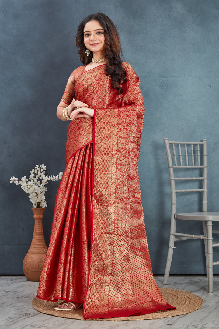The Royal Charm Red Mysore Brocket Silk Saree
