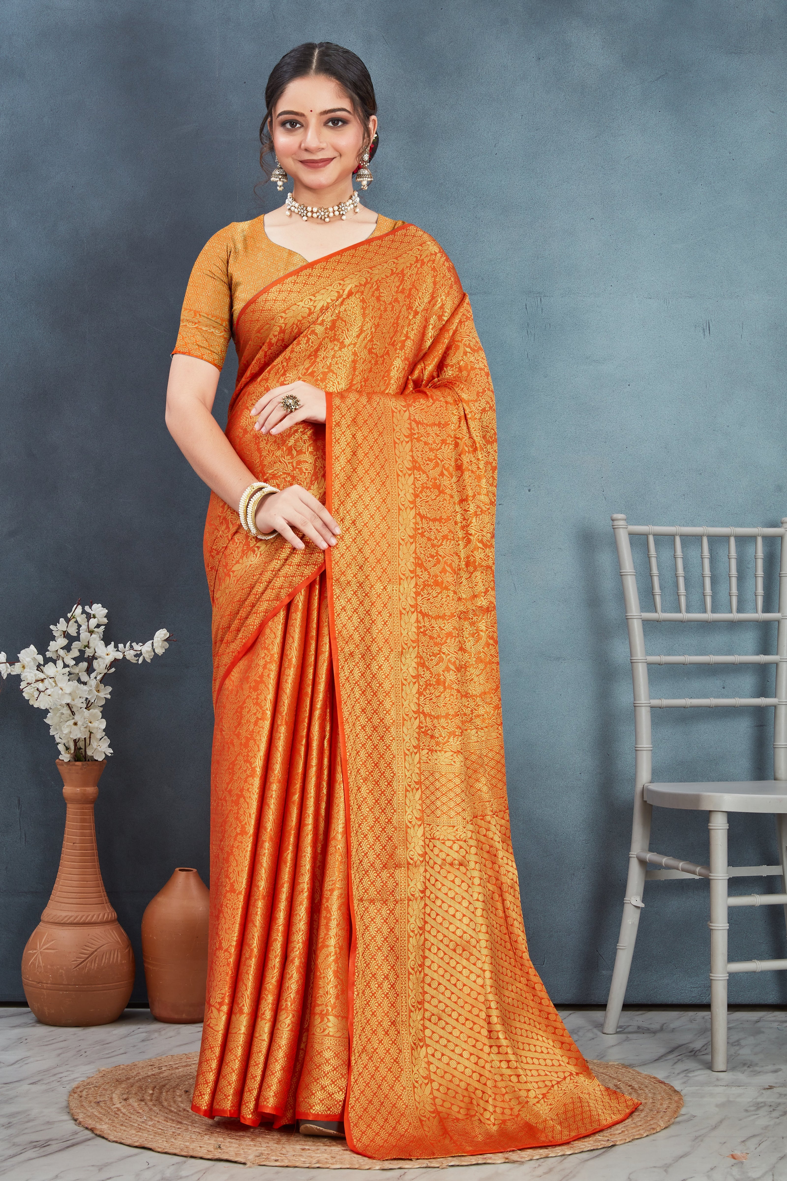 Orange Semi Mysore Brocket Soft Silk Saree
