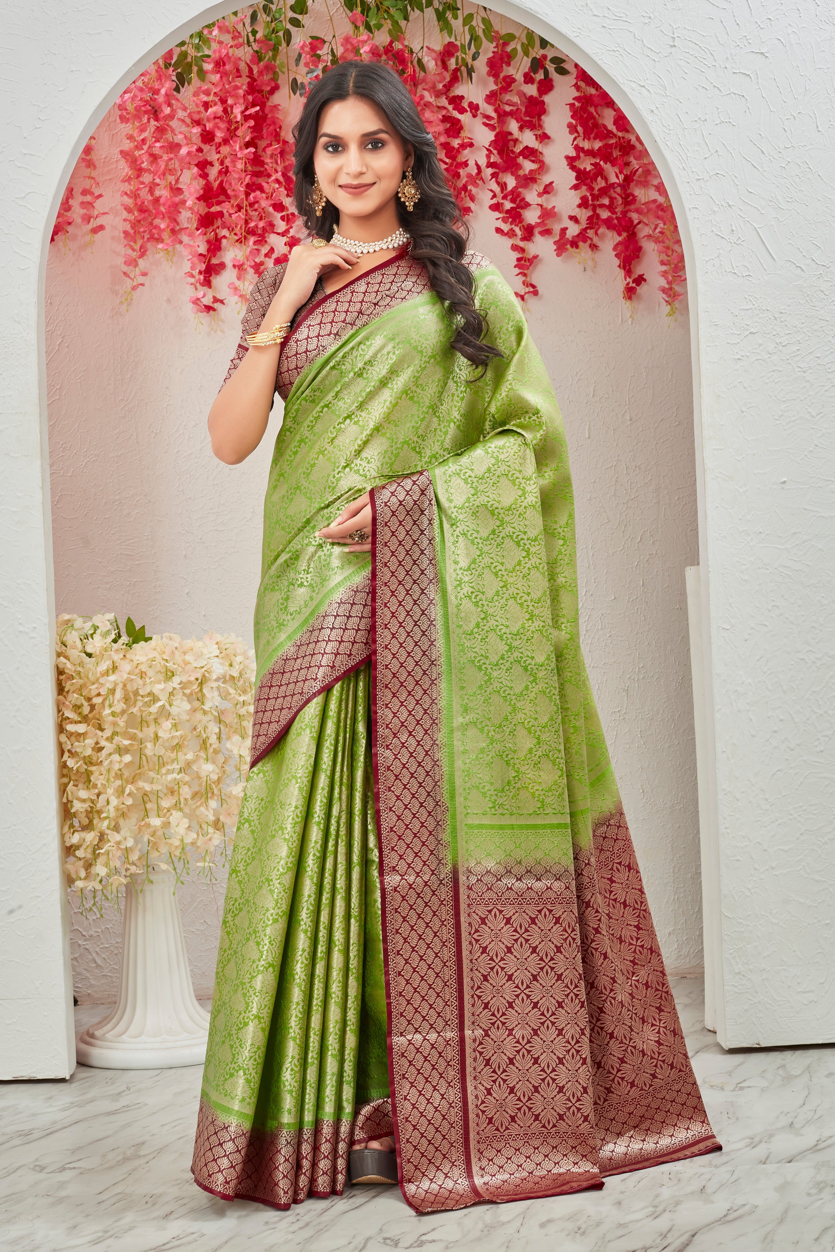 Mysore Brocket Soft Silk Green Saree With Blouse