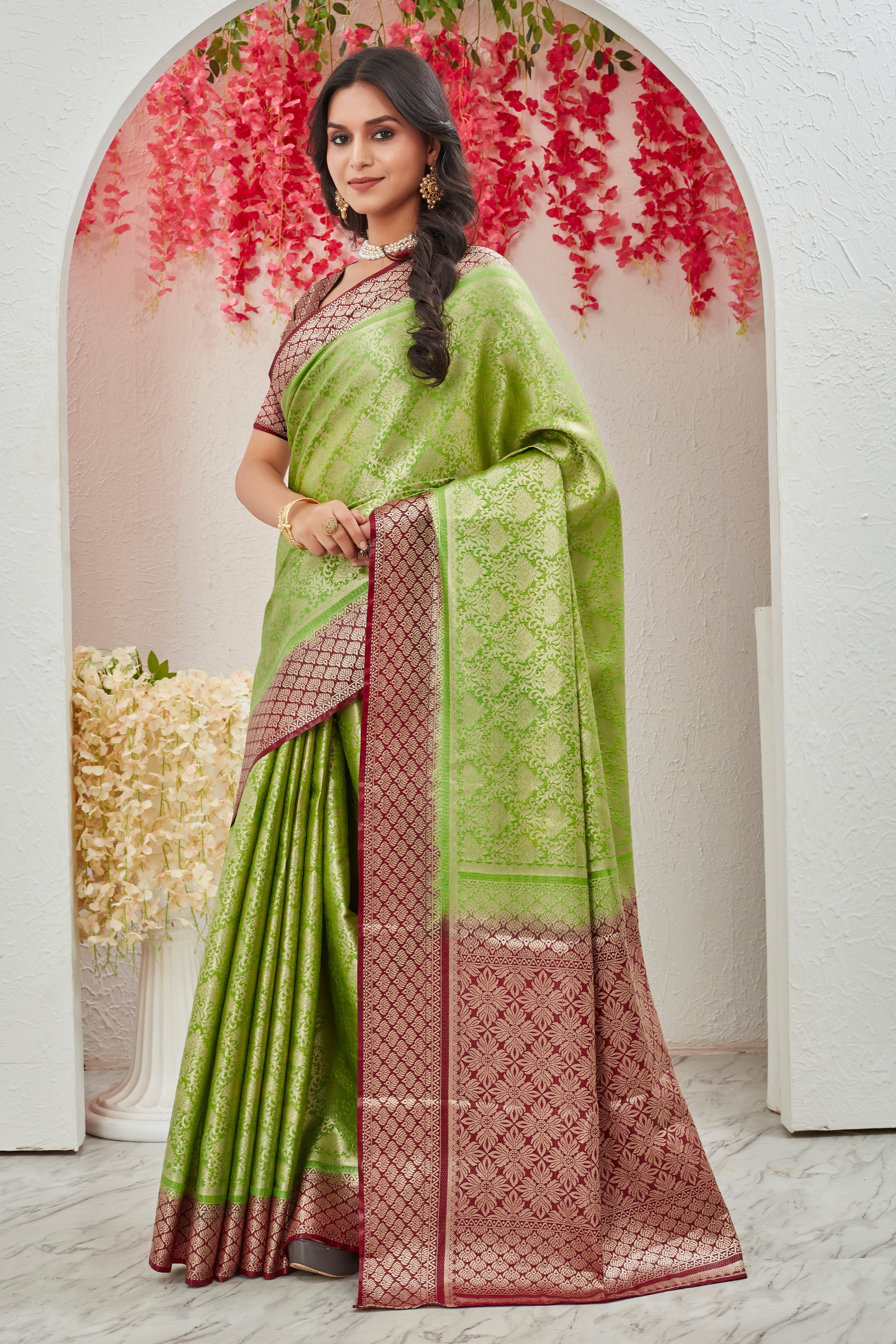 Mysore Brocket Soft Silk Green Saree With Blouse