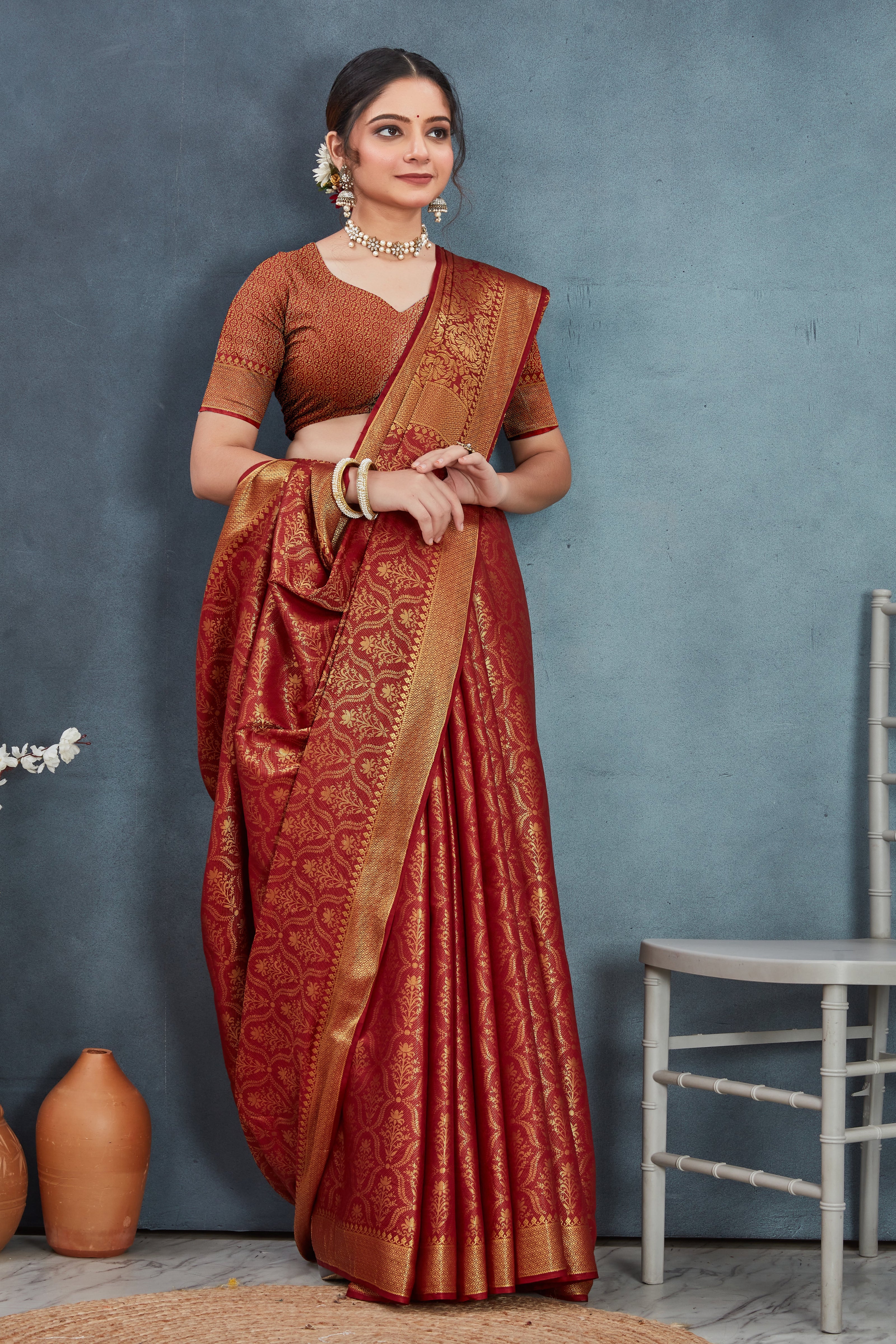 Maroon Mysore Brocket Soft Silk Woven Zari Saree With Unstitched Blouse