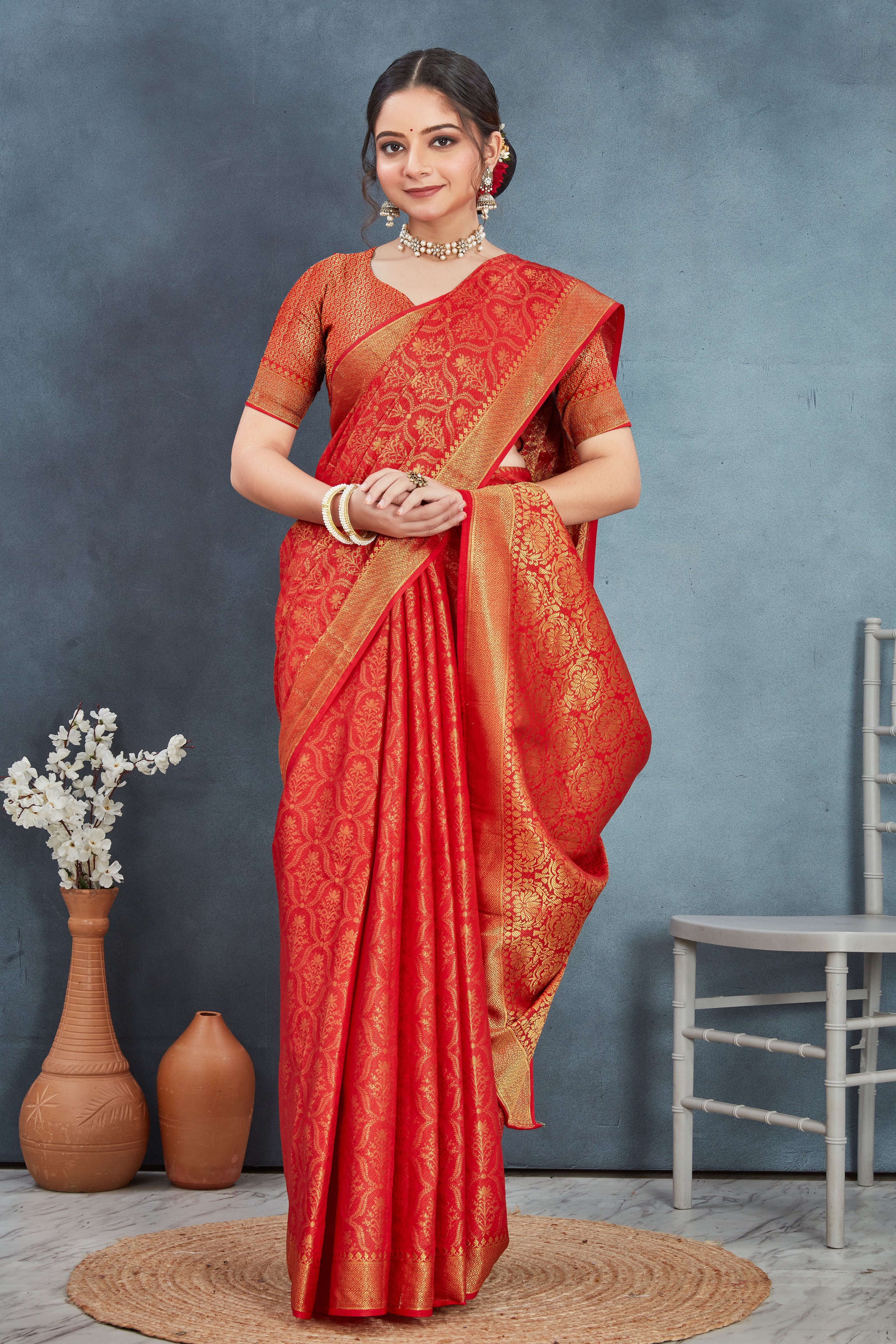 Mysore Brocket Soft Silk Red Saree With Blouse