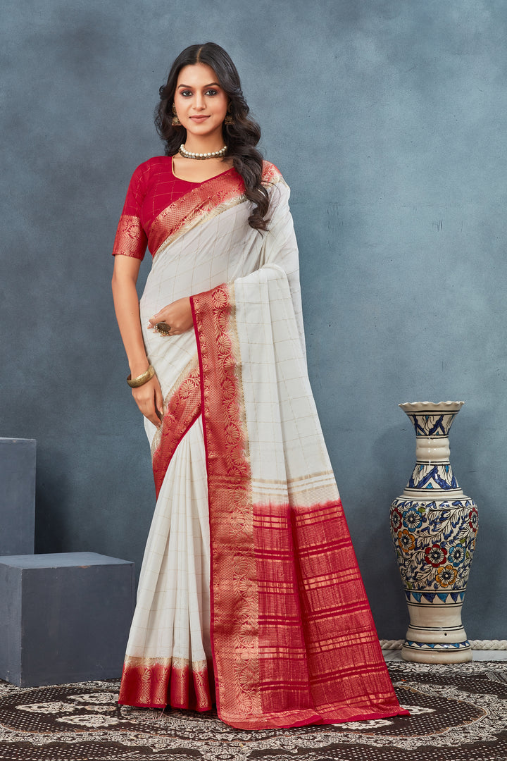 White & Red Color Silk Weaving Border Work Saree
