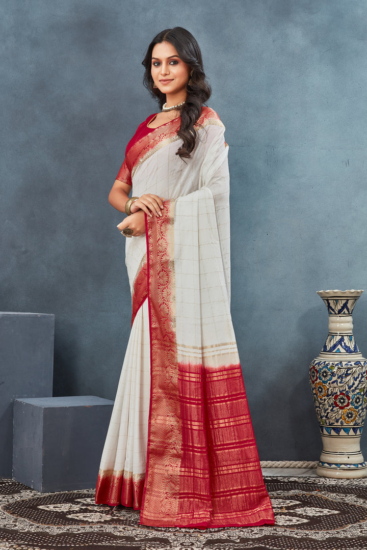 White & Red Color Silk Weaving Border Work Saree