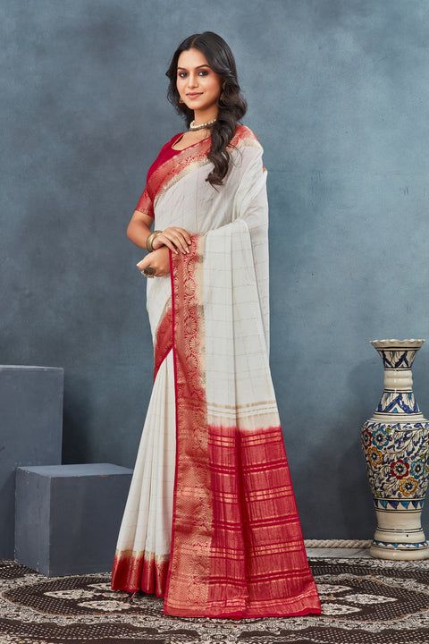 White & Red Color Silk Weaving Border Work Saree