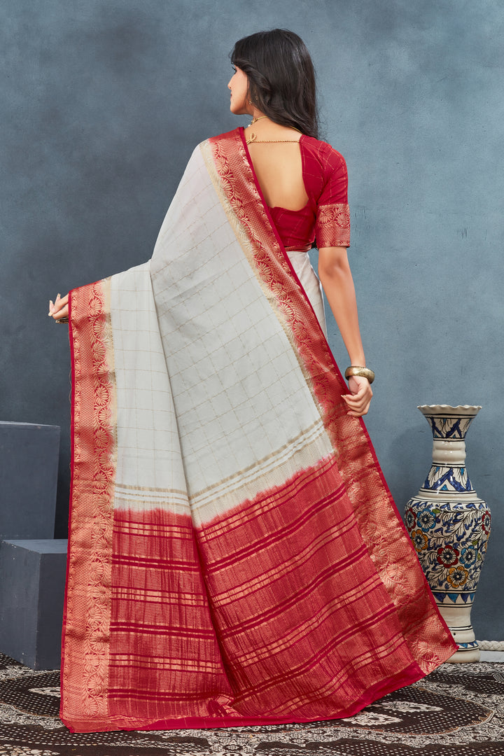 White & Red Color Silk Weaving Border Work Saree