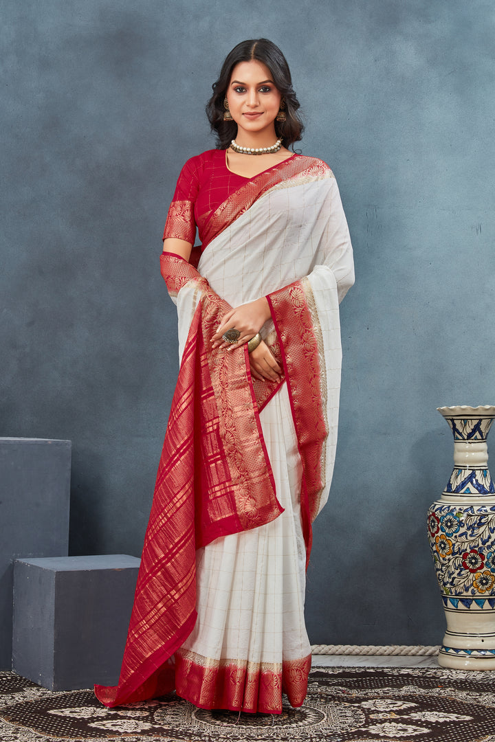 White & Red Color Silk Weaving Border Work Saree