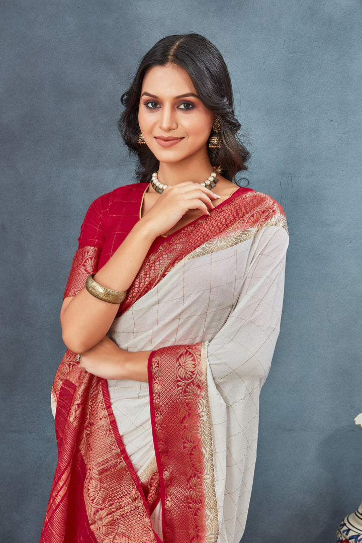 White & Red Color Silk Weaving Border Work Saree