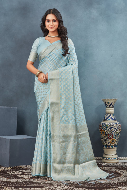 Radiant Light Blue Pure Georgette Silk Saree With Artisan Handloom Touch