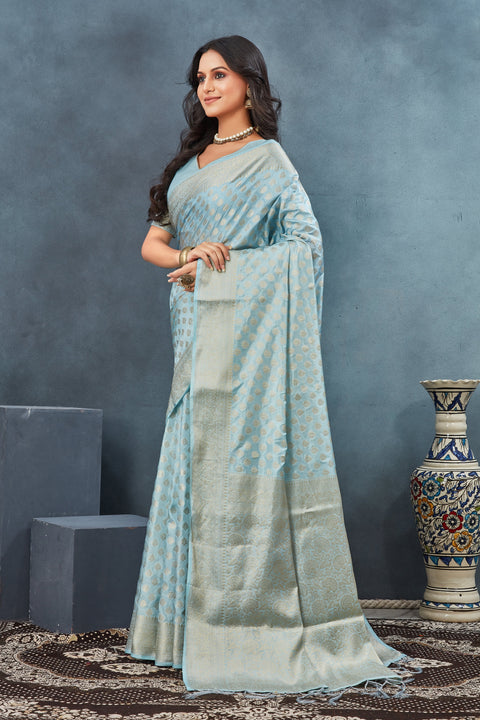 Radiant Light Blue Pure Georgette Silk Saree With Artisan Handloom Touch