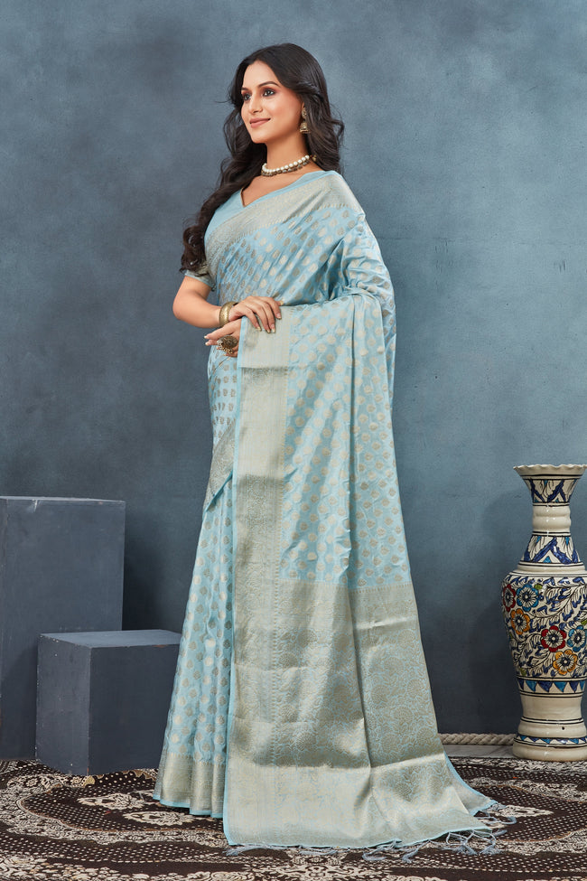 Radiant Light Blue Pure Georgette Silk Saree With Artisan Handloom Touch