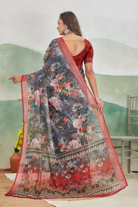 Graceful Grey Linen Printed Saree Ideal For Office Or Daily Use