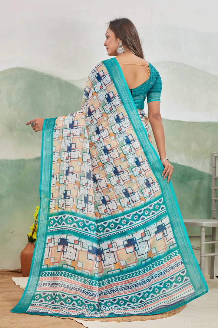 Printed Blue Linen Saree Casual Zari Border Drape For Women