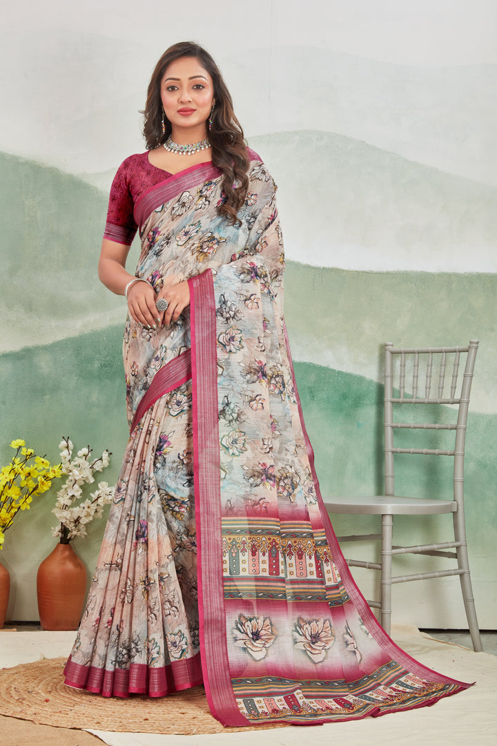 Trendy Magenta Linen Fabric Saree With Traditional Zari Accents