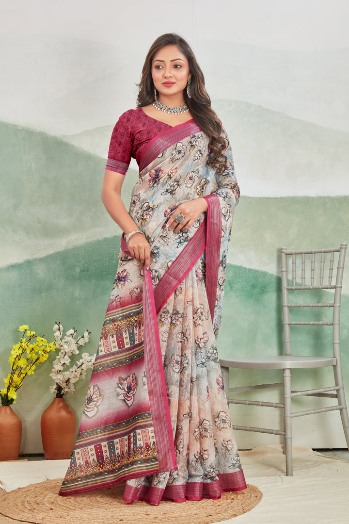 Trendy Magenta Linen Fabric Saree With Traditional Zari Accents