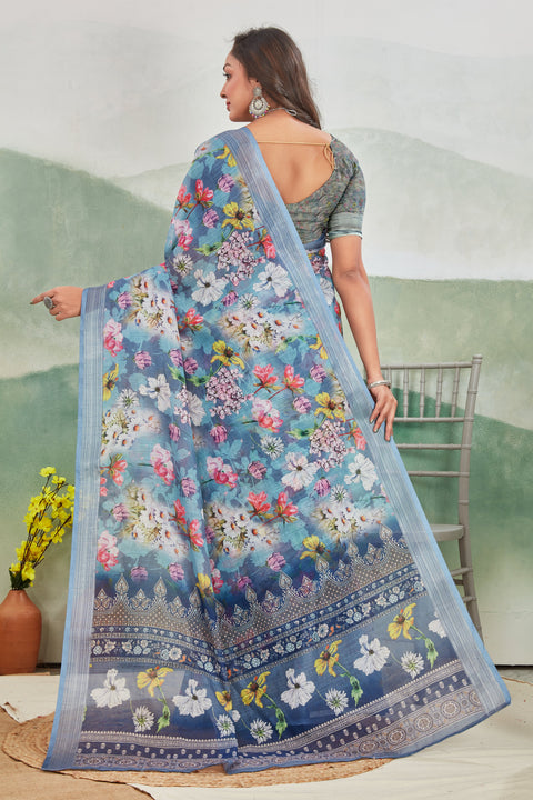 Handloom Inspired Rama Printed Linen Saree With Zari Detailing