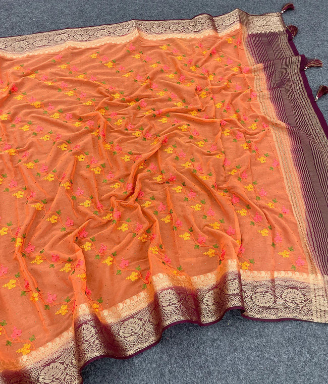 Designer Orange Chiffon Silk Saree Zari Embroidered Border For Festive Wear