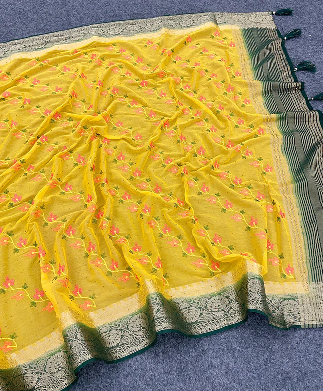 Soft Silk Galaxy Chiffon Saree Yellow Zari Embroidery Border Partywear Saree