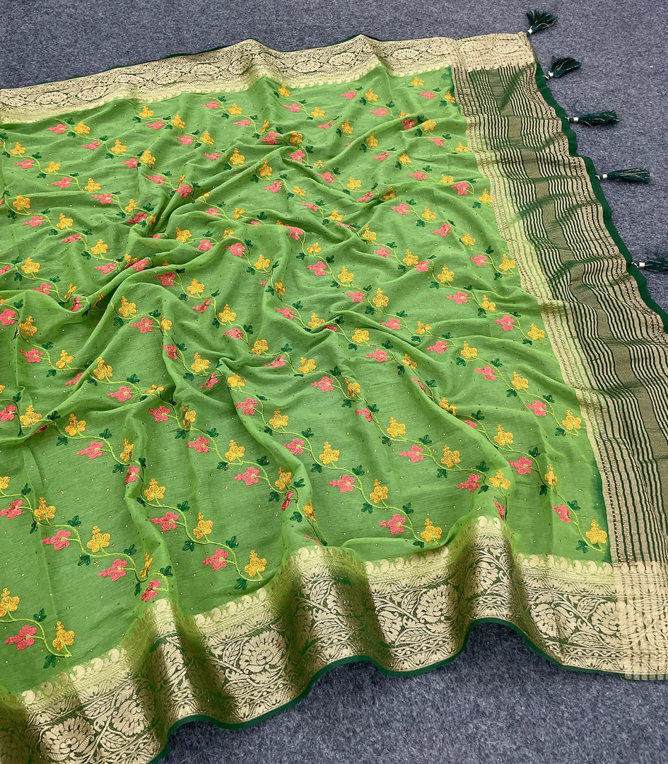 Elegant Soft Silk Saree Green Galaxy Chiffon With Rich Zari Work Border