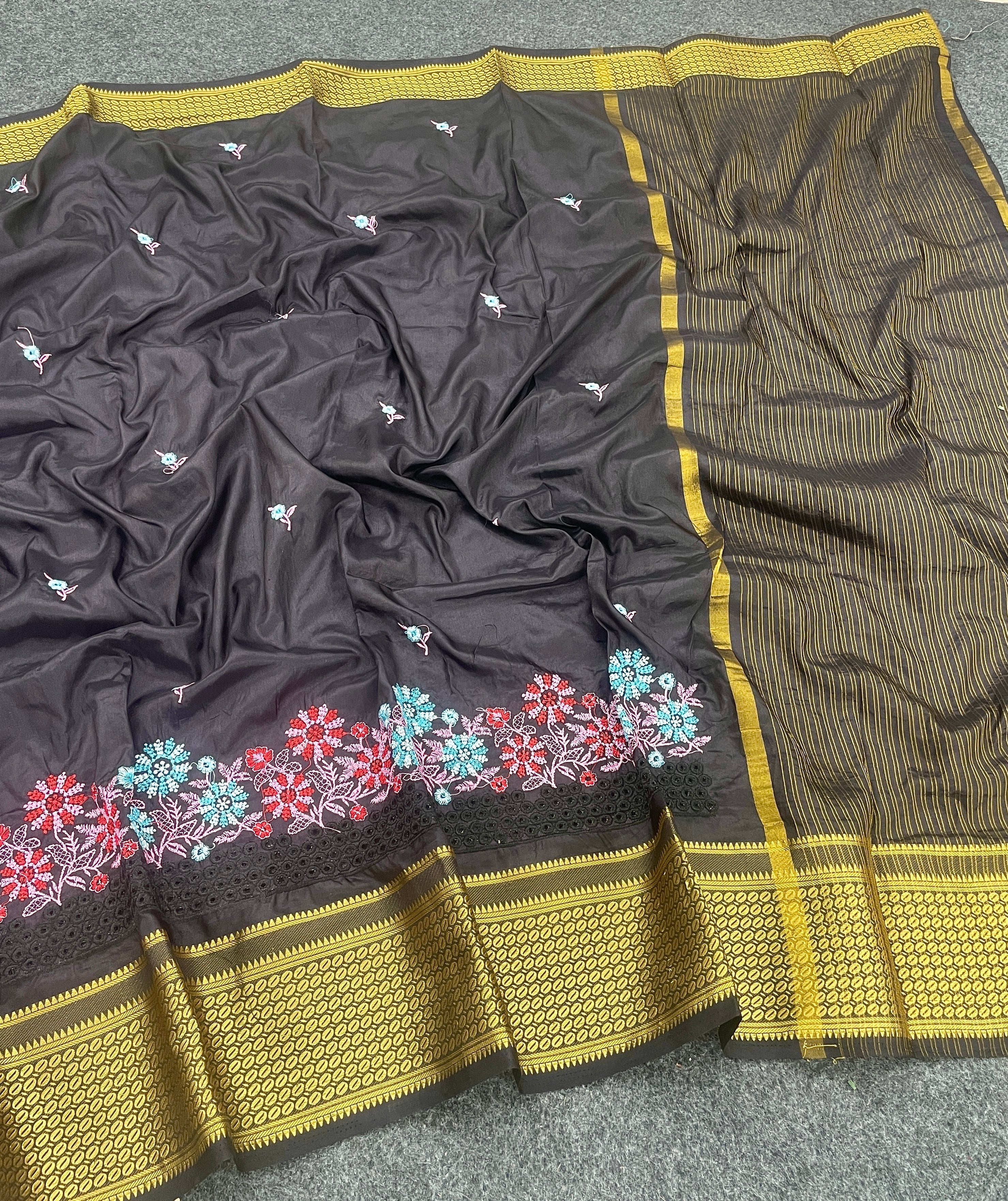 Graceful Pochampally Embroidary Work Galaxy Soft Silk Black Saree