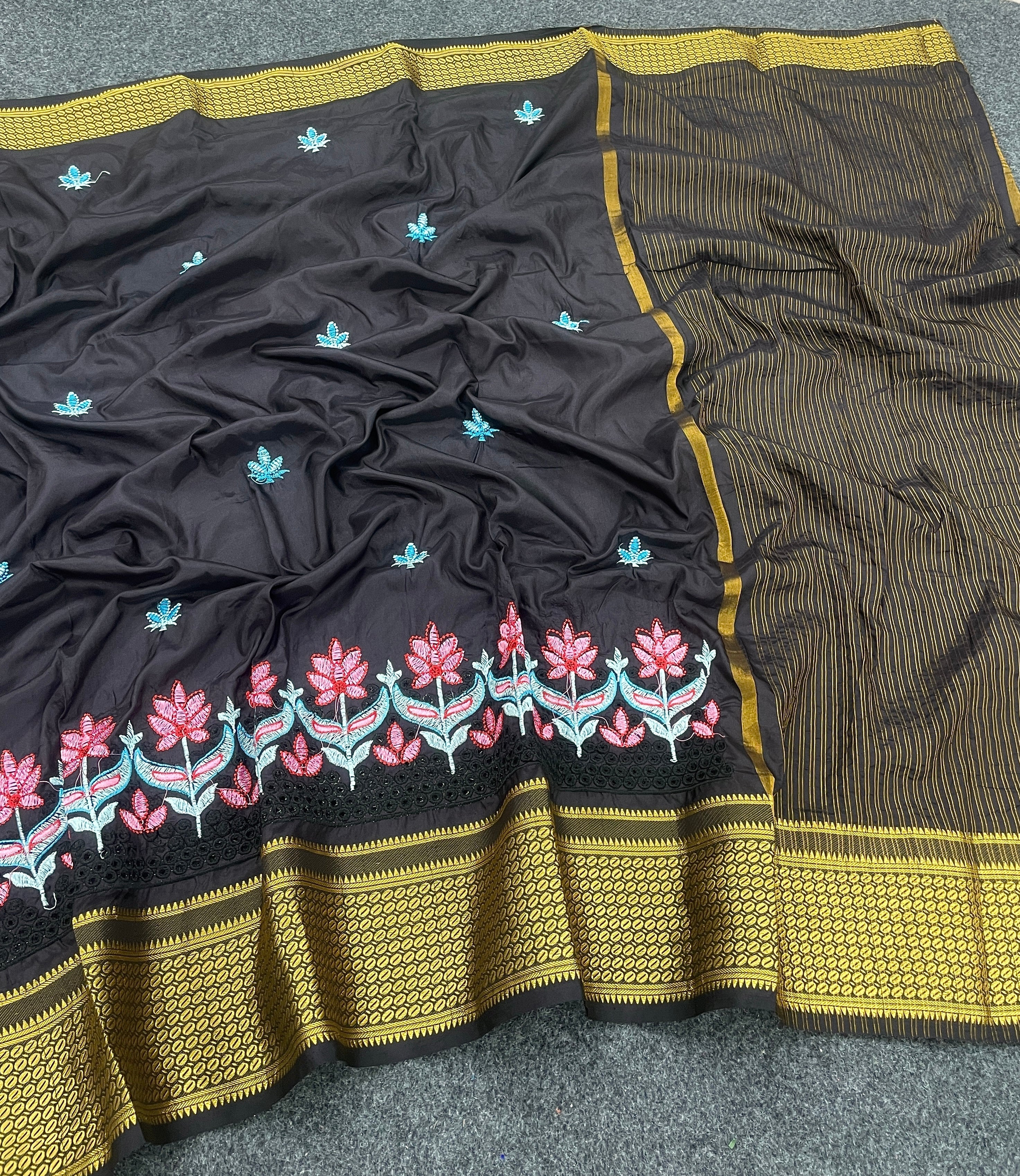 Graceful Pochampally Embroidary Work Galaxy Soft Silk Black Saree