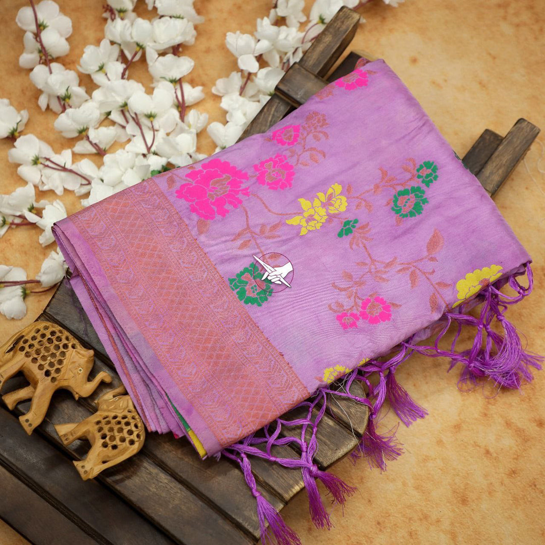 Lavender Royal Weave  Fancy Handloom Silk Saree With Pattu Work Detailing
