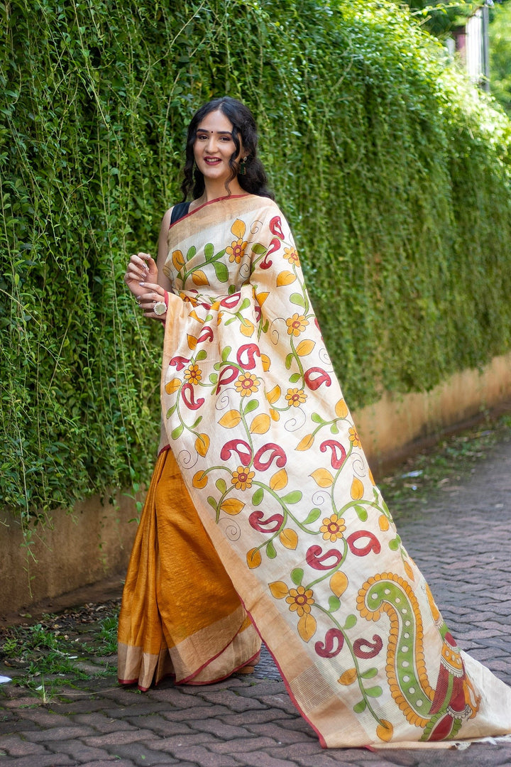 Vintage-Inspired Kalamkari Print on Handloom Tussar Silk