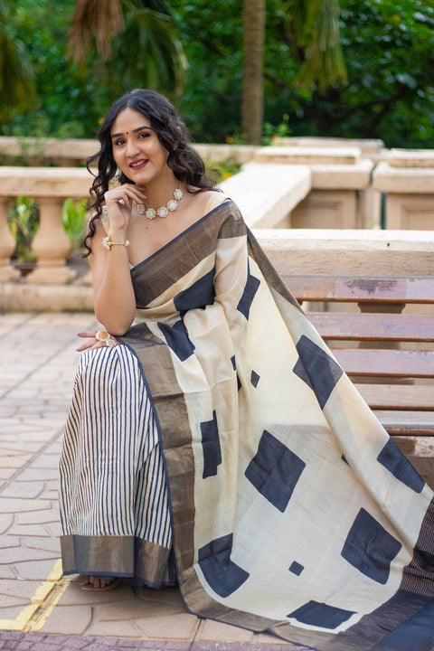 Designer Tussar Silk Saree Kalamkari Printed Handloom Finish With Blouse