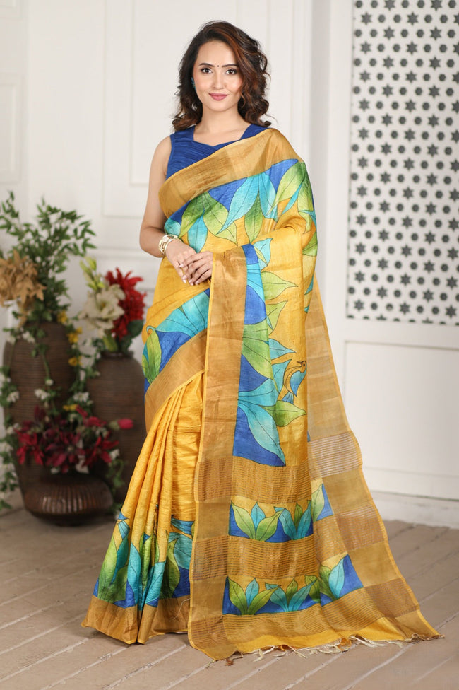 Boho Chic Tussar Silk Saree Handloom Made With Kalamkari Artwork And Blouse