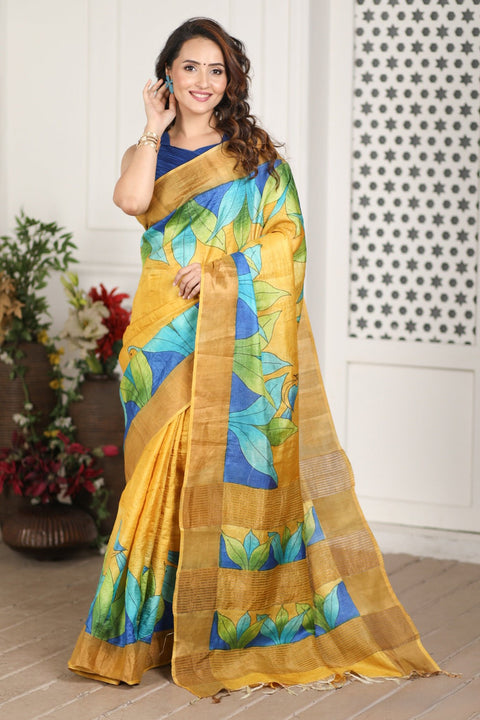 Boho Chic Tussar Silk Saree Handloom Made With Kalamkari Artwork And Blouse